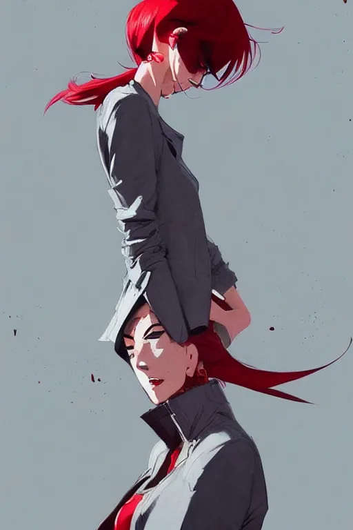 Image similar to a ultradetailed painting of a stylish woman wearing a grey jacket with red skirt, by conrad roset, greg rutkowski and makoto shinkai trending on artstation