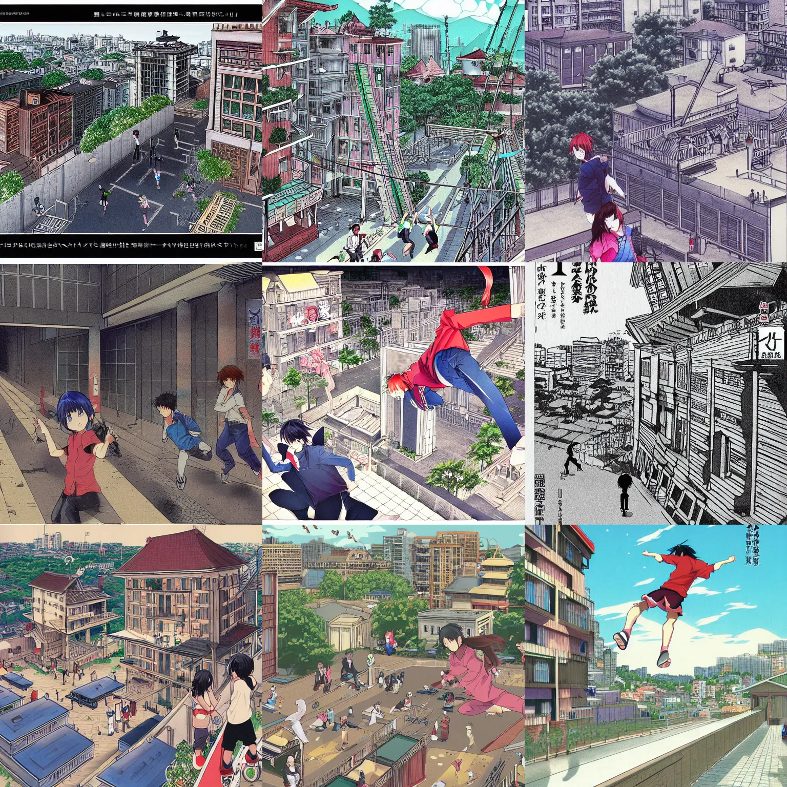 Prompt: parkour < / w > nazo no kanojo x by ueshiba riichi illustration, highly detailed city