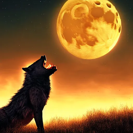 Image similar to werewolf howling to the moon, red sky, 4 k, cinematic composition, dark fantasy, extremely detailed, hyperrealism