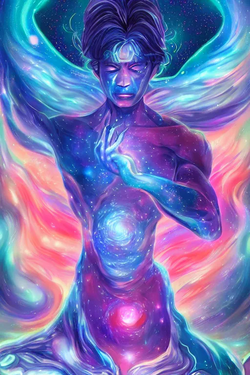 Prompt: god of the universe, korean mythology, galaxies and nebula flowing out of his body, artgerm, psychedelic floral planets, studio ghibli painterly style, trending on artstation