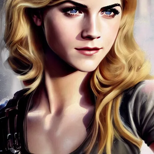 Image similar to A combination of Katheryn Winnick's and Grace Kelly's and Emma Watson's appearance with blonde hair as Solid Snake from Metal Gear Solid, full body portrait, western, D&D, fantasy, intricate, elegant, highly detailed, digital painting, artstation, concept art, matte, sharp focus, illustration, art by Artgerm and Greg Rutkowski and Alphonse Mucha