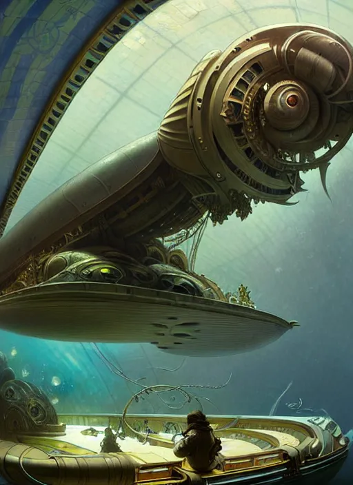 Image similar to epic concept illustration, highly detailed, intricate mechanical design, hard science concept art, underwater nautilus submarine being prepared for launch, by greg rutkowski and alphonse mucha. uhd, cinematic lighting, amazing depth, cinematography by 2 0 1 7