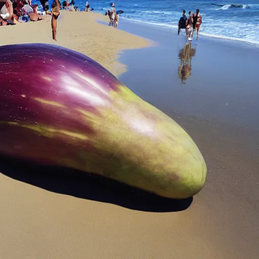 Image similar to anthropomorphic huge eggplant sunbathing on the beach among people, photo,