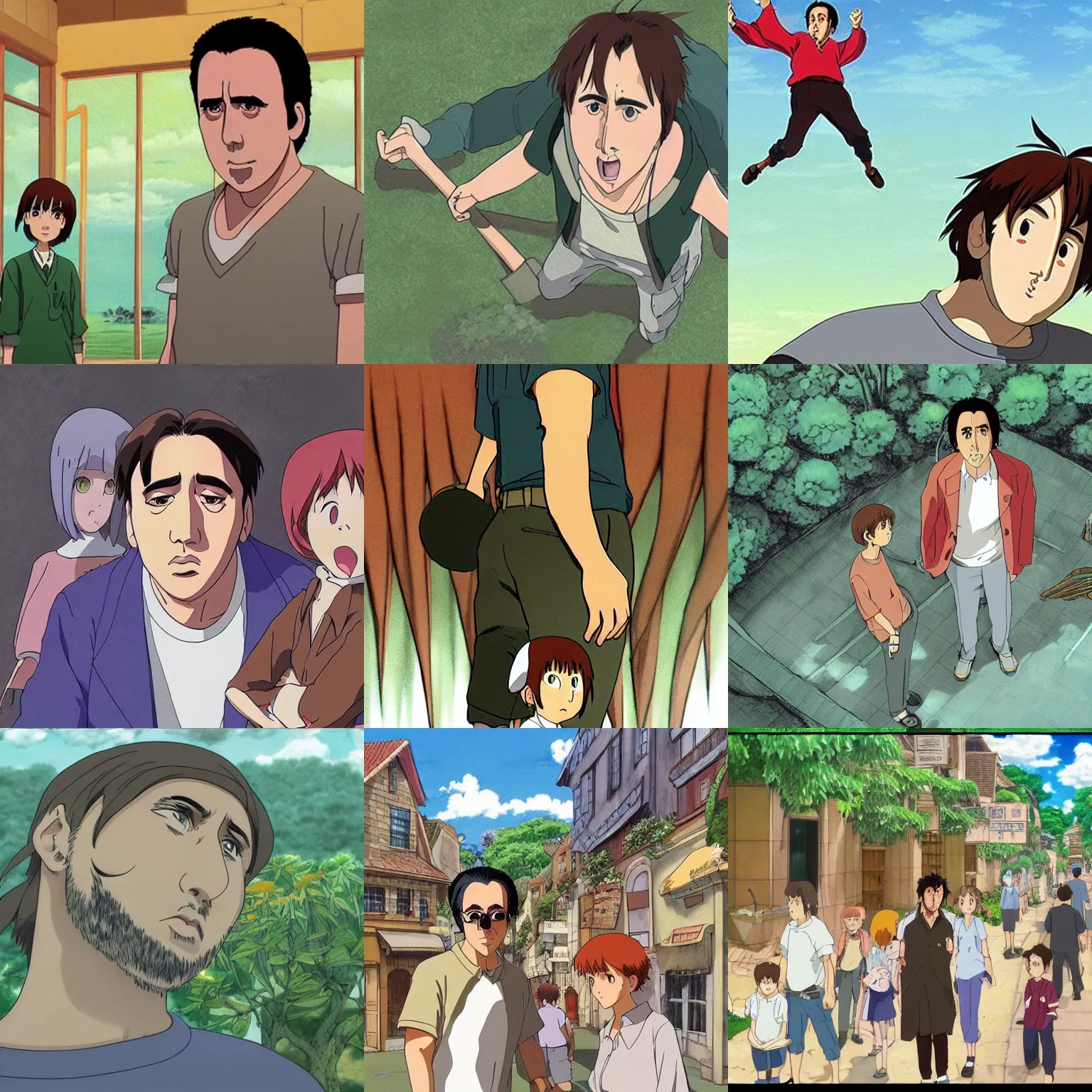 Prompt: a realistic cell - shaded studio ghibli concept art from paprika ( 2 0 0 6 ) of a giant nicolas cage. very dull colors, wide shot, hd, 4 k, hq