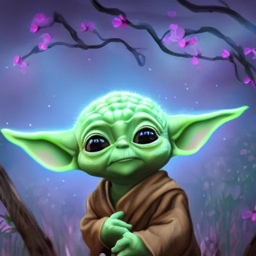 Prompt: baby yoda surrounded by blue luminous flowers, in forest, at night, warm lighting, digital art, trending on artstation, HDR