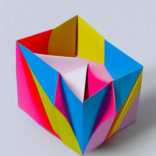 Prompt: origami architecture in multi colored paper, 3 d render, ultra detailed, on white background, studio shot