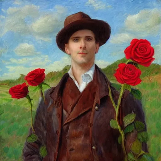 Image similar to A tall man with blue eyes and brown hair stands in the middle of a field of red roses and holds a red rose in his hand. He is wearing a leather wide brim hat and a leather vest, impressionist painting