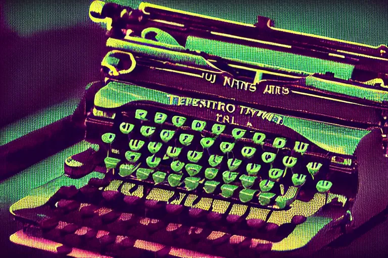 Prompt: typewriters!, in the style of john avon and raul urias and eva widermann, trending on artstation, halfrear lighting closeup view anaglyph filter, bokeh, anime, colored pencil art, belle epoque
