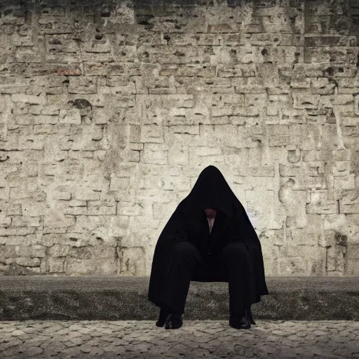 Prompt: black hooded trench coat man sitting on the edge of a castle, gothic, raining, 4k resolution