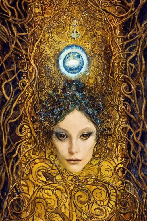 Image similar to The Dreaming Cell by Karol Bak, Jean Deville, Gustav Klimt, and Vincent Van Gogh, mystic eye, otherworldly, prison, elaborate wrought iron bars, chains, locks, fractal structures, arcane, inferno, inscribed runes, infernal relics, ornate gilded medieval icon, third eye, spirals