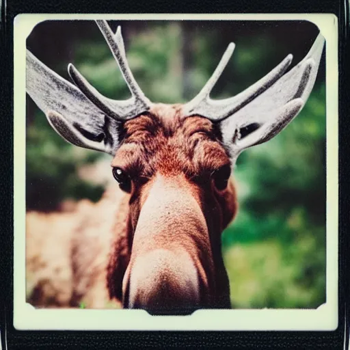 Prompt: polaroid of a moose with a mischievous smile