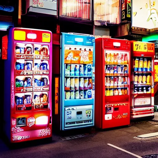 Image similar to a beautiful picture of japanese vending machines in a little tokyo street by night, trending on artstation