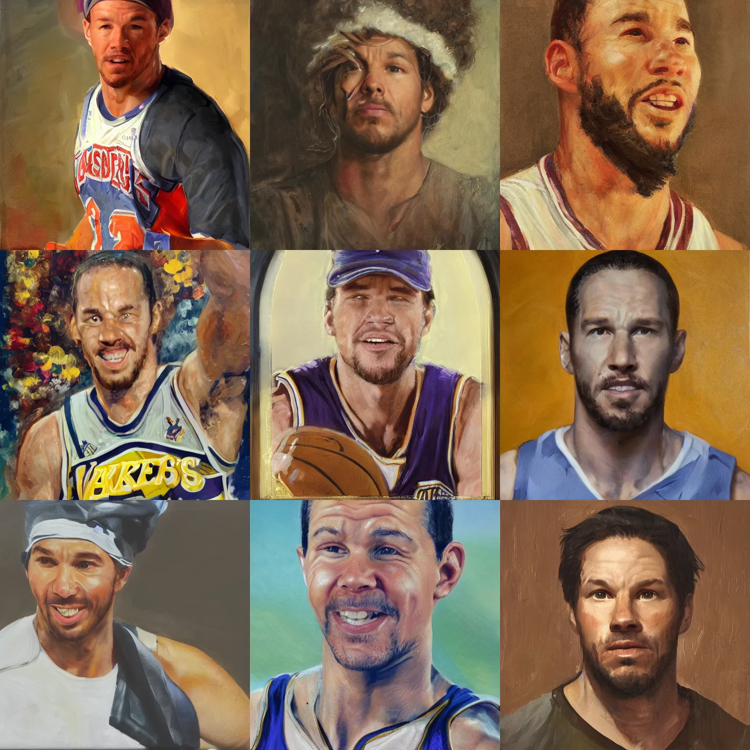 Prompt: facial portrait of mark wahlberg portraying kobe bryant, sweating on a basketball court, oil on canvas by william sidney mount - 1 8 3 3, trending on artstation
