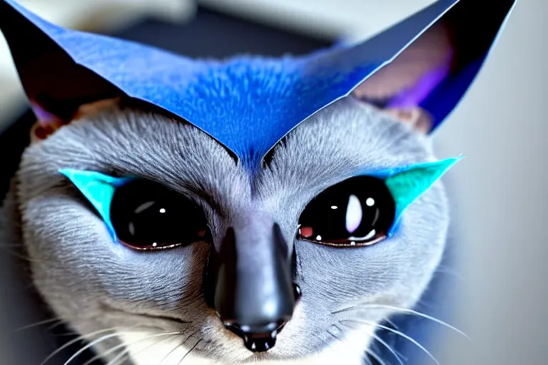 Image similar to a blue - and - black male catbat fursona with blue / green heterochromatic eyes and huge bat ears, photo of the catbat streaming on his computer