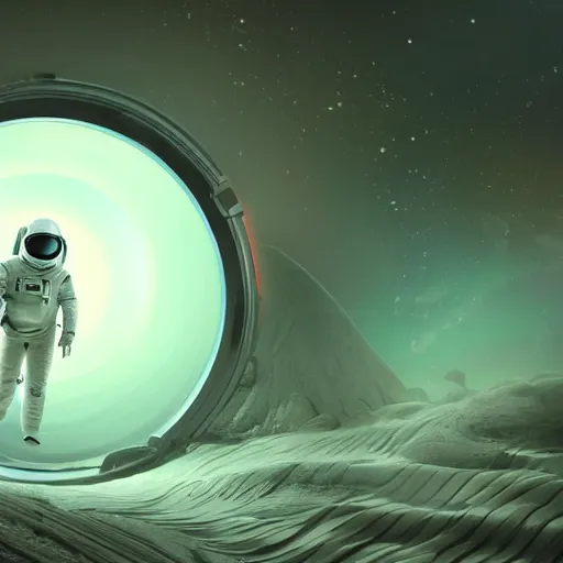 Image similar to alien landscape with futuristic portal to another alien planet, astronaut stepping through the portal