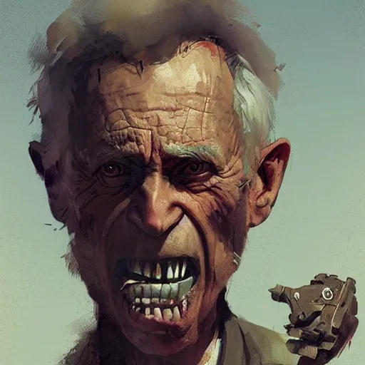 Image similar to old man portrait, hand grenade in his teeth, greg rutkowski art