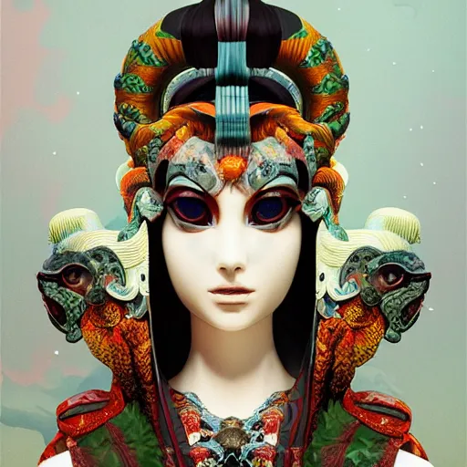 Image similar to 3 d goddess close - up profile portrait russian with ram skull. beautiful intricately detailed japanese crow kitsune mask and clasical japanese kimono. betta fish, jellyfish phoenix, bio luminescent, plasma, ice, water, wind, creature, artwork by tooth wu and wlop and beeple and greg rutkowski