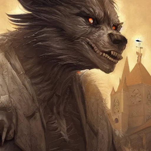 Prompt: werewolf in the city lviv church of st. elizabeth, portrait, highly detailed, full body, digital painting, trending on artstation, concept art, sharp focus, illustration, art by artgerm and greg rutkowski and magali villeneuve