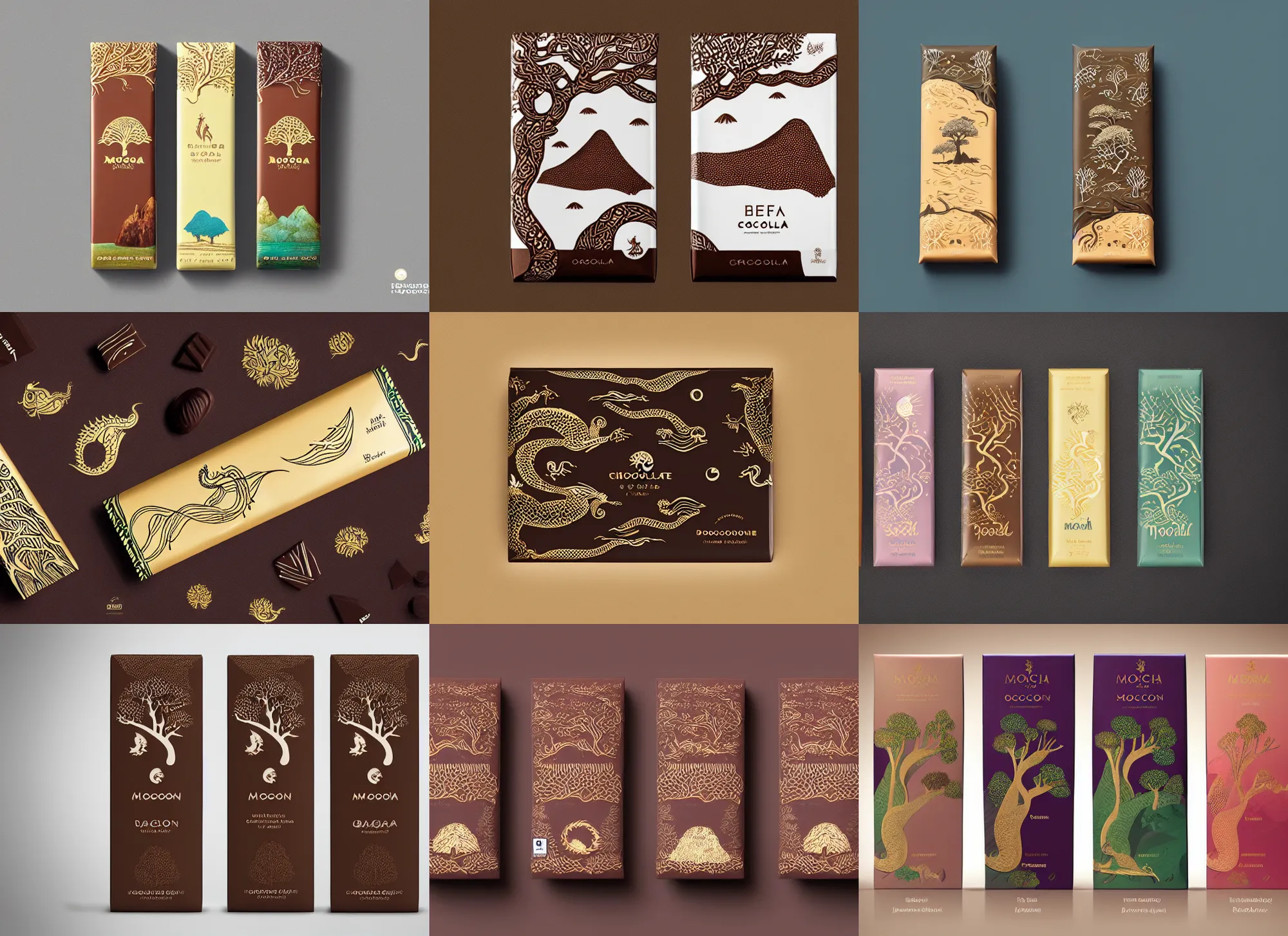 Prompt: conceptual designer chocolate bar packaging, inspired by moonlit socotra island with dragon trees and midsommar, kerala motifs, label design, behance, pinterest, packaging of the world, award, front label, packaging design, octane render