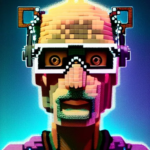 Image similar to Colour Minecraft style Photography of 1000 years old man with highly detailed 1000 years old face wearing higly detailed cyberpunk VR Headset designed by Josan Gonzalez Many details. . In style of Josan Gonzalez and Mike Winkelmann andgreg rutkowski and alphonse muchaand Caspar David Friedrich and Stephen Hickman and James Gurney and Hiromasa Ogura. Rendered in Blender