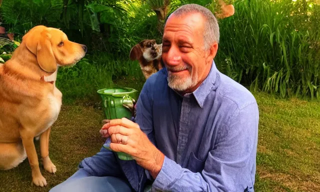 Prompt: My dad Steve just took a hit from the bongo and have good time being gracefully relaxed in the garden, sunset lighting. My second name is Carell. My dad second name is Carell. Im the dog