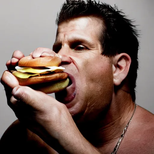 Image similar to a high resolution 4k photograph of John Joseph, the singer of the cromags, shoving a cheeseburger into his mouth