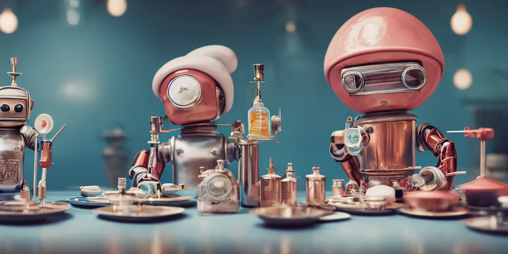 Image similar to closeup portrait of tin toy retro robot chef cooking pastry cake with chemicals flasks in a kitchen, depth of field, zeiss lens, detailed, centered, fashion photoshoot, by nicoletta ceccoli, mark ryden, lostfish, breathtaking, 8 k resolution, extremely detailed, beautiful, establishing shot, artistic, hyperrealistic, octane render