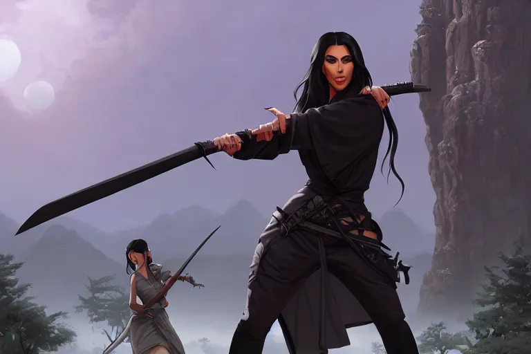 Prompt: kim kardashian slaying zombies with a samurai sword, highly detailed, d & d, fantasy, 4 k realistic, digital painting, trending on artstation, concept art, sharp focus, illustration, art by makoto shinkai and akihiko yoshida and daniel gerhartz