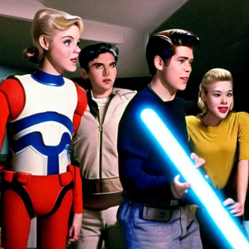 Prompt: Archie Andrews, Betty Cooper, Reggie Mantle and R2-D2 in a futuristic hallway, movie still from Star Wars