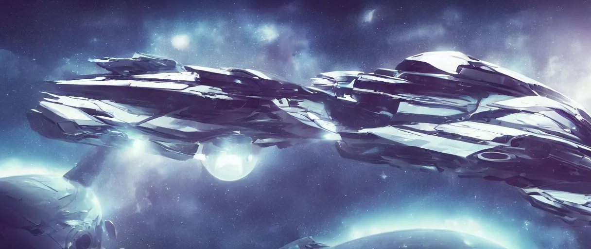 Image similar to concept art, small industrial design spaceship drifting in space, very large scales, wide angle, cinematic lighting, 4k, widescreen ratio, brutalistic shapes