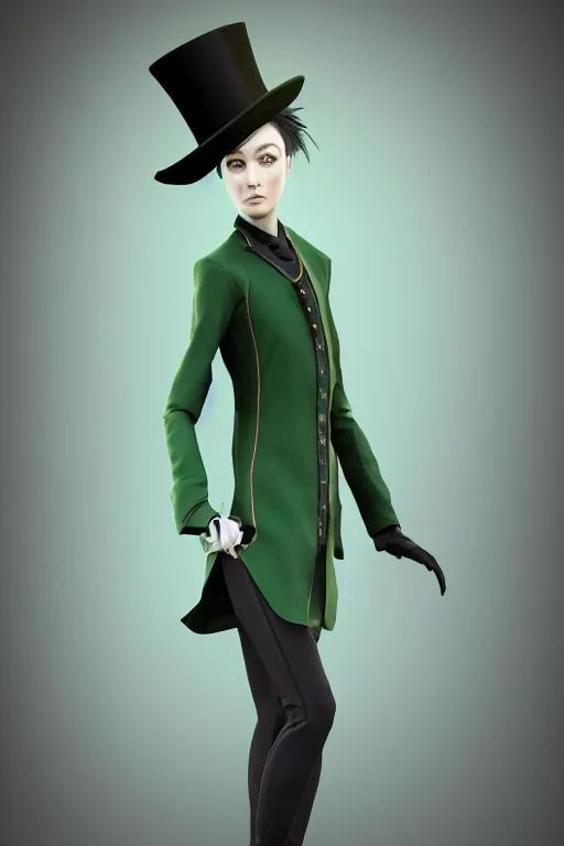 Image similar to Crow wearing a green formal overcoat and top hat, hyperrealistic, concept art, octane render, unreal engine 5, trending on DeviantArt, highly detailed, high quality, 8K, soft lighting, cute, natural lighting, realistic face, trending on Artstation, elegant clothes, profile picture, path traced, house background