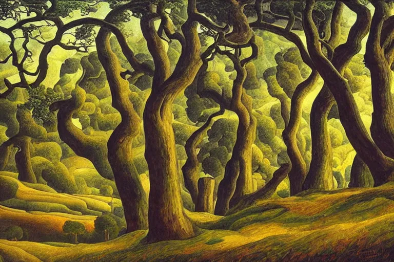 Image similar to masterpiece painting of oak trees on a hillside overlooking a creek, dramatic lighting, by diego rivera