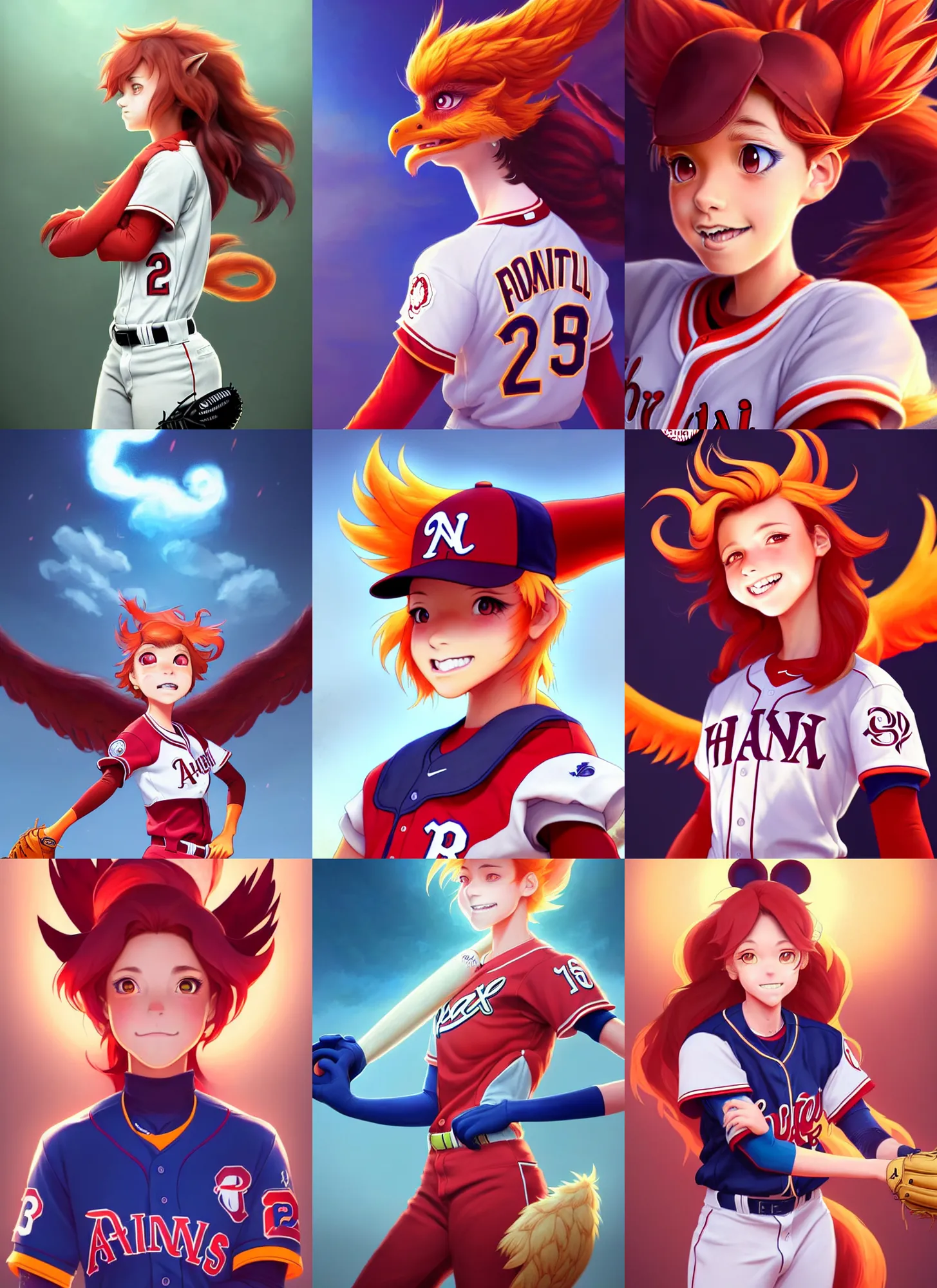 Prompt: beautiful portrait of a female anthropomorphic phoenix fursona wearing a baseball uniform. baseball stadium backgroundd. character design by disney, charlie bowater, ross tran, artgerm, and makoto shinkai, detailed, soft lighting, rendered in octane