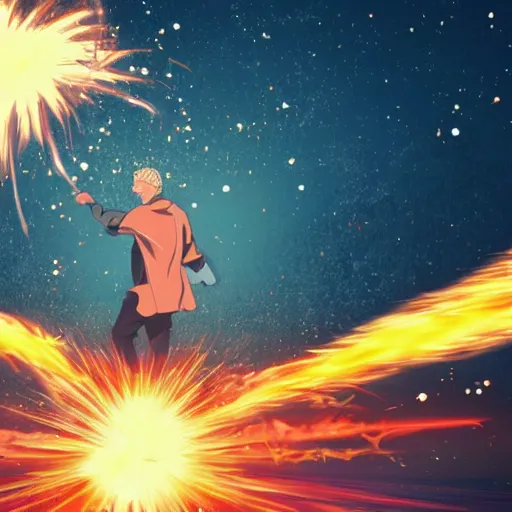 Image similar to man hitting the ground creating a explosion, anime