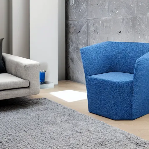 Image similar to a hoovering blue hexagonal armchair