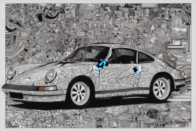 Image similar to a black and white drawing of a porsche 9 1 1, a detailed mixed media collage by hiroki tsukuda and eduardo paolozzi and moebius, intricate linework, sketchbook psychedelic doodle comic drawing, geometric, street art, polycount, deconstructivism, matte drawing, academic art, constructivism