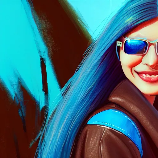 Prompt: closeup painting of a very beautiful young mexican cyberpunk woman smiling, wearing light blue shades and a leather jacket, one side haircut, long brown hair with light blue ends, portrait, hyperdetailed, artstation, cgsociety, 8 k, synthwave by tangerine dream