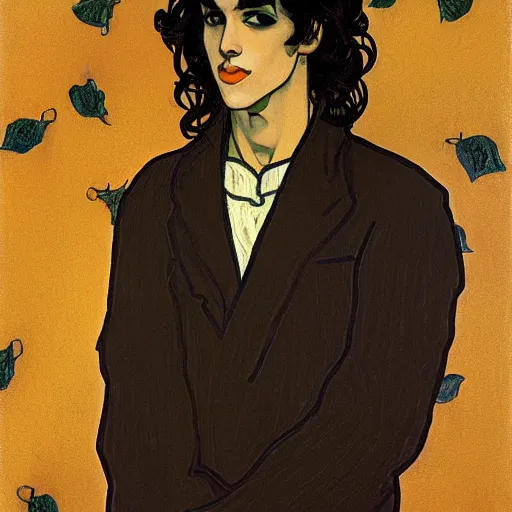 Image similar to painting of young cute handsome beautiful dark medium wavy hair man in his 2 0 s named shadow taehyung at the halloween pumpkin jack o'lantern party, depressed, melancholy, autumn, japan, elegant, clear, painting, stylized, delicate, soft facial features, delicate facial features, soft art, art by alphonse mucha, vincent van gogh, egon schiele