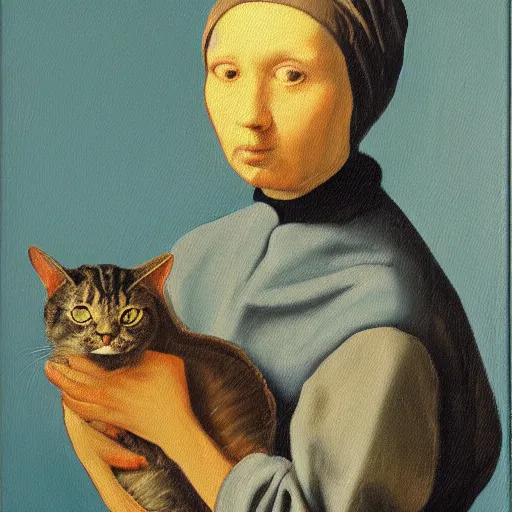 Image similar to A oil painting portrait of a cat wearing a turtleneck in the style of Johannes Vermeer,