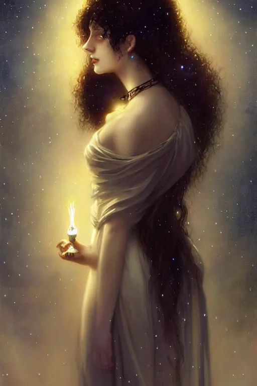 Image similar to Nocturne, glowing, stars, a long-legged occultist woman, long hair, choker, highly detailed, mysterious, ethereal, haute couture, illustration, dramatic lighting, soft details, painting, by Edmund Blair Leighton, Brom, Charlie Bowater, trending on artstation, faces by otto schmidt