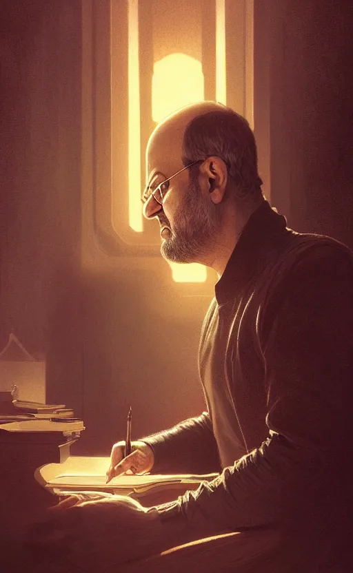 Image similar to portrait of salman rushdie writing in the dark, deep focus, blade runner 2 0 4 9, fantasy, intricate, elegant, highly detailed, digital painting, artstation, concept art, matte, sharp focus, illustration, art by artgerm and greg rutkowski and alphonse mucha