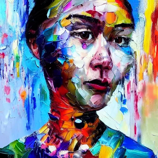 Image similar to highly detailed palette knife oil painting of a woman in the style of David Choe