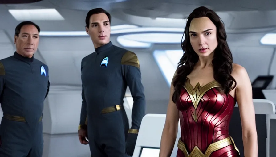 Image similar to Gal Gadot, in full starfleet uniform, is the captain of the starship Enterprise in the new Star Trek movie