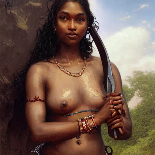 Prompt: artstation concept of a beautiful girl holding a sword in both hands, brown skin, sweaty skin, symmetrical face, casual white garment, brown canyon background, shiny colorful, hyperdetailed, artstation trending, world renowned artists, worth1000.com, historic artworks society, antique renewel, cgsociety, by greg rutkowski, by Gustave Dore, Deviantart