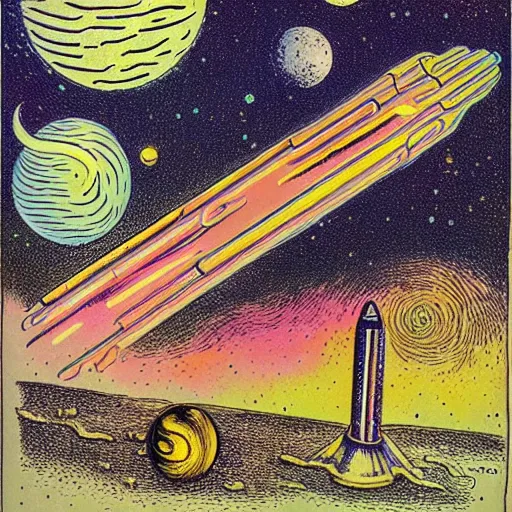 Image similar to Liminal space in outer space as neon tubes art by John Tenniel, colorized