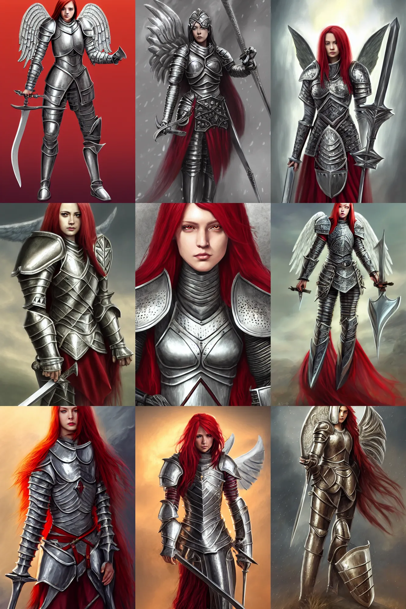 Prompt: Female Knight, DND, D&D, Silver armor, shining, bright red hair, straight hair, sword and shield, ornamental, symmetry, angel-themed, tall, full body picture, extremely detailed, detailed face, golden eyes, epic, high fantasy, matte painting, trending on artstation, artstationHD, artstationHQ, cgsociety, octane, HD 16K