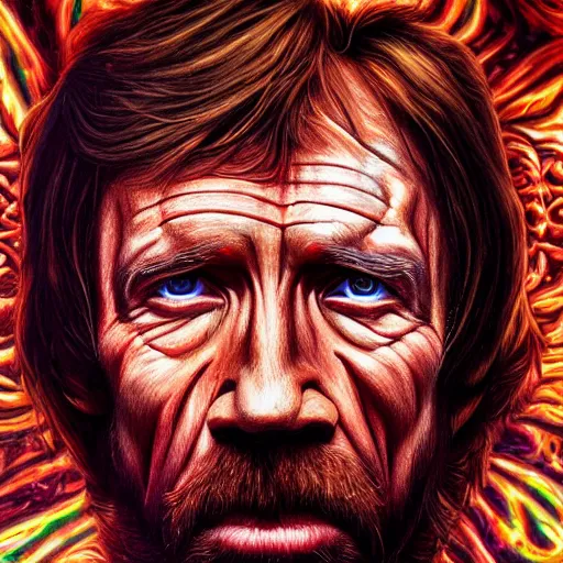 Prompt: photorealistic chuck norris as a dmt entity in the style of alex grey and michael whelan. hyperdetailed photorealism, 1 0 8 megapixels, amazing depth, high resolution, 3 d shading, 3 d finalrender, 3 d cinematic lighting, glowing rich colors, psychedelic overtones, artstation concept art.