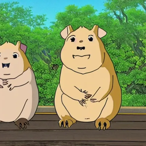 Prompt: still from hayao miyazaki animated movie about a capybara and friends, remastered high definition