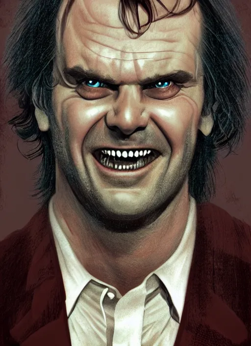 Image similar to young jack nicholson as jack torrance from the shining ( 1 9 8 0 ) portrait illustrated by rossdraws, vivid colors, soft lighting, digital artwork 4 k, best of artstation