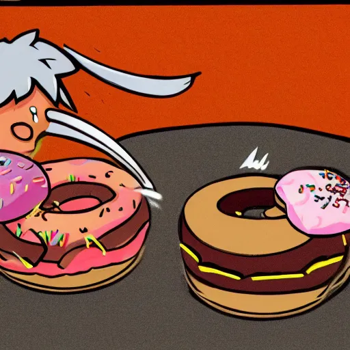 Prompt: Two cartoon donuts battling each other, battle scene